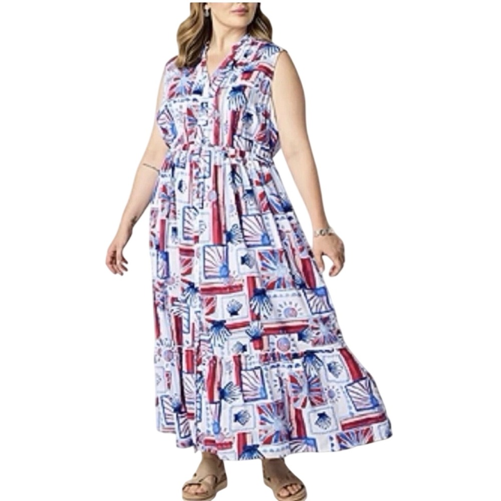 ST JOHN'S BAY Maxi Dress 1X Red Blue Shell Linen Blend Sleeveless Americana NWT